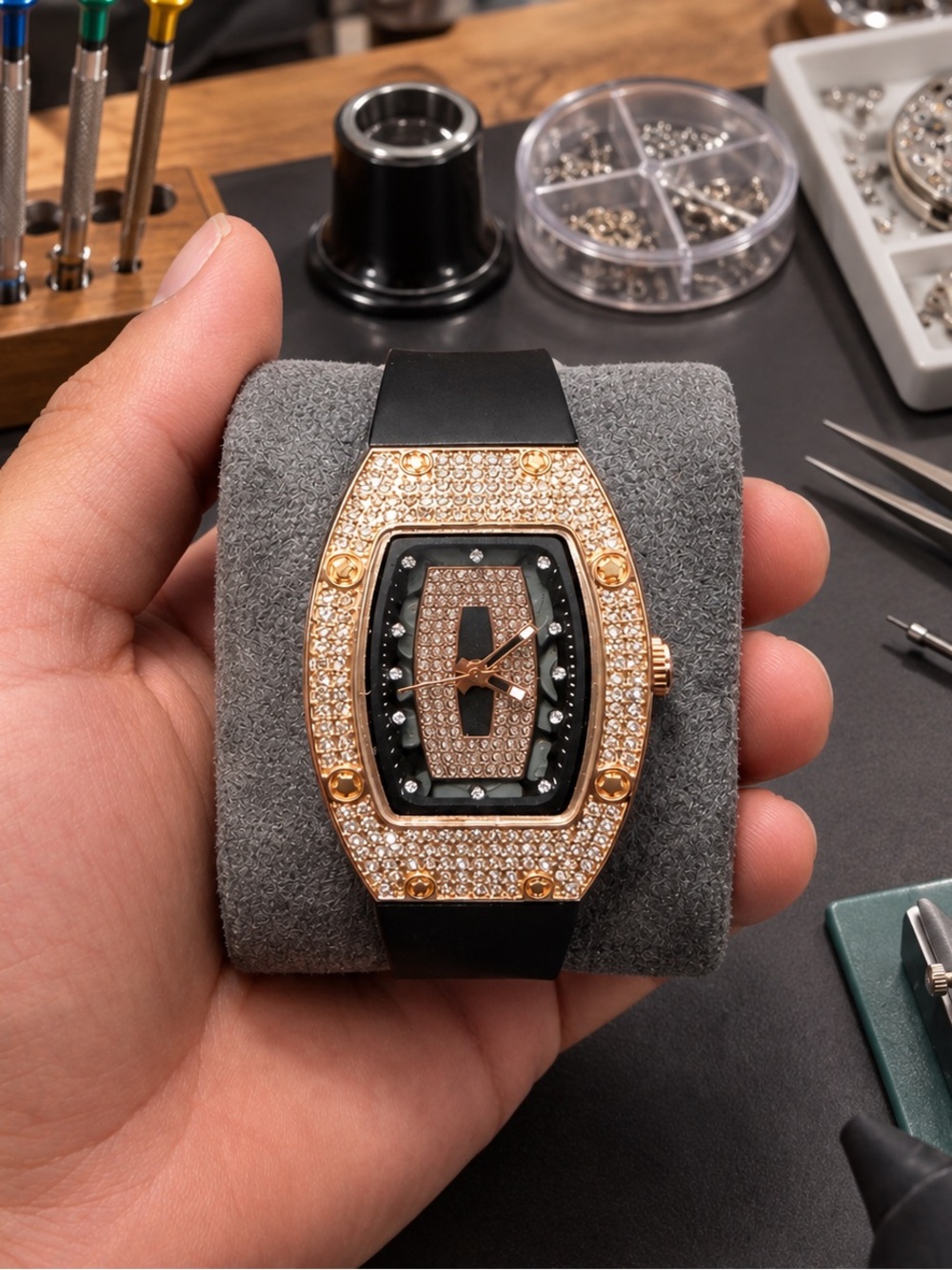 Unisex Gold Crystal Accent Watch with Black Strap